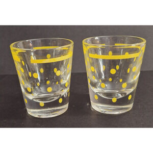 Set of 2 Vintage 1960s Federal Glass Atomic Yellow Polka Dot Shot Glasses